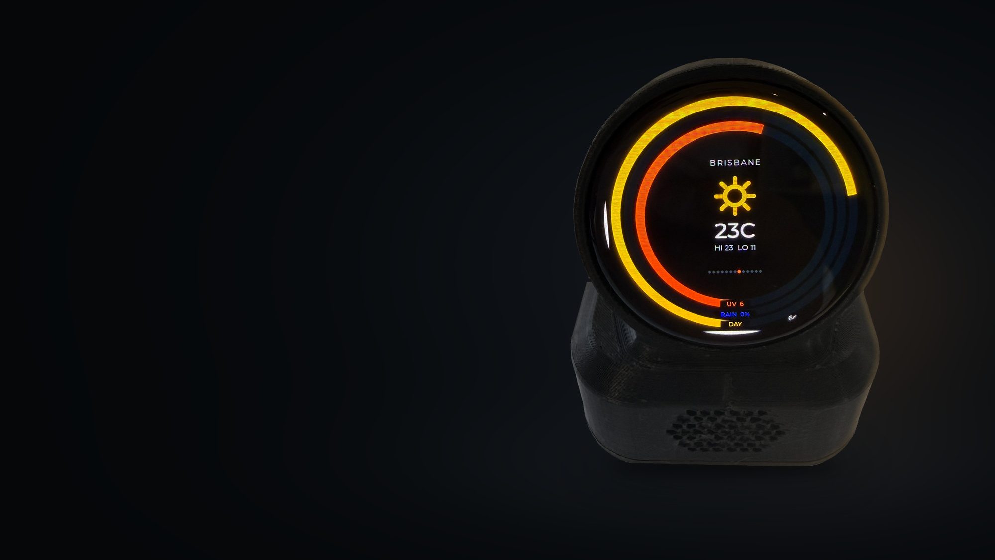 THE ORB on a dark ground showing the Weather face: Brisbane, 23C, high 23, low 11.