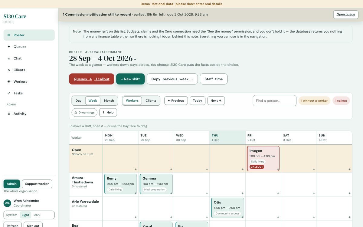 The SI30 Care office web app's weekly roster, from the public demo with fictional people.
